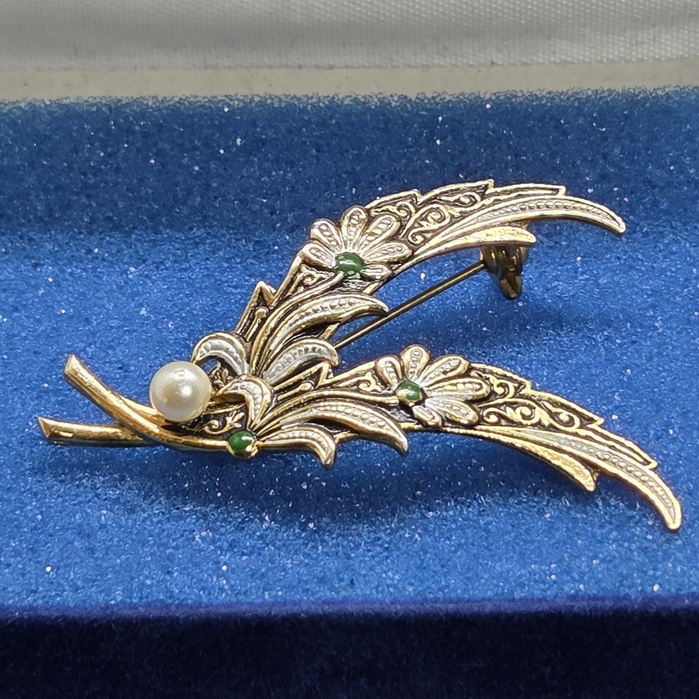 Damascene Flower Brooch with Pearl Accent